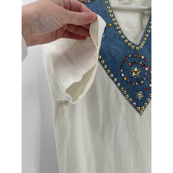 Special F/X Vintage Blouse Womens XL White Denim Beaded Neckline V Neck Studded - Picture 5 of 16